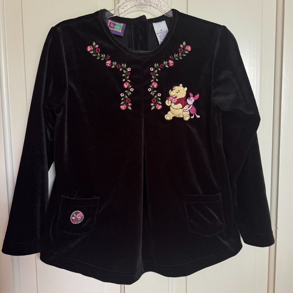 Vintage 90s Disney Pooh Piglet tunic top girls 6 black velour velvet embroidered